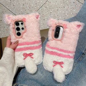 3D Cute Bowknot Kitty Cat Furry Winter Warm Fluffy Soft Fur Case for Samsung Galaxy S23 S24 S25 Ultra A56 A16 A17 A55 A35 A54 5G
