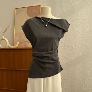 Slimming Effect Asymmetric Shoulder Short Sleeve T-Shirt Womens Fashionable Summer Base Shirt Top Korean Style Knitted round Neck