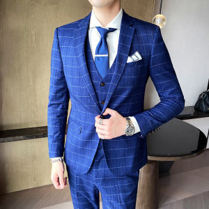 GUKENRO 3PCS Suit Set For Men Plaid Korean Slim Fit Office interview Wedding Prom Formal Classical Comfortable Male Blazer