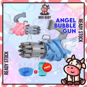 Moo Baby Angel Wing Gatling Bubble Machine Gun Bubble Blaster Gun Automatic Electric 12-Holes Huge Amount Mainan Budak Lelaki Perempuan Kids Foam Play