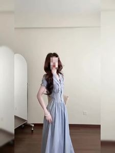 NIUVIES | Đầm Ôm Dáng Tay Ngắn Sọc Xanh Pháp