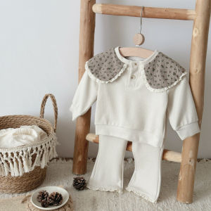 Korean Style Baby Boy Girl Clothes Set Floral Collar Lace Long Sleeved Outfit Trousers for Spring Autumn Infant Fashion Suit