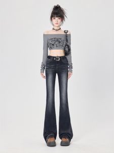 กางเกงยีนส์ทรงหลวมเอวต่ำสไตล์อเมริกันสำหรับผู้หญิง กางเกงขายาวทรงหลวมสไตล์ย้อนยุคแบบลำลองสำหรับฤดูใบไม้ร่วงและฤดูหนาว