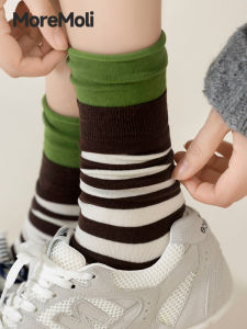 Womens Mid-Calf Striped Pure Cotton Socks Autumn Winter Style No-Show Anti-Odor Cushioned Long Socks Comfortable Breathable