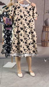 Womens Retro Round Neck Casual Loose Short Sleeve Printed Party Mini Dress Casual Comfortable 2239