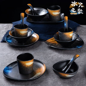 Retro Japanese Style Quartet Dining Utensils Set for Barbecue And Hot Pot Restaurants Commercial Use Melamine Bowl Plate Cup Bone Dish Set