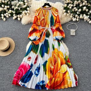 Elegant High-End Womens Dress Fashionable Embellished round Neck Hollow out Pleated Lantern Sleeve Waist Cinched Floral Long Dress