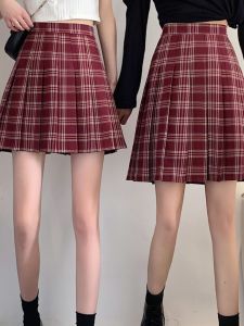 Wine Red Plaid Pleated Skirt Mid Length Long Length Plus Size High Waist Slim Looking Fall Winter Skirt Mid Skirt Preppy Style JK Plaid Skirt Women
