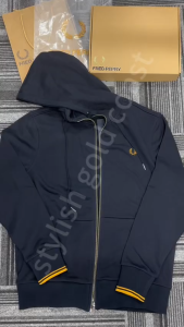 Original FRED PERRY Men Hooded Zip-Up Sweatshirt with Simple Embroidery and Drawstring Jacket