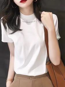 DVDK | White Icy Silk Loose Short Sleeve T-shirt Slim Fit Letter Embroidery Half High Collar