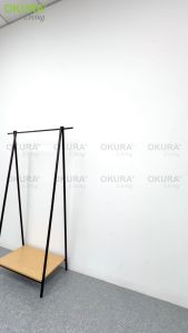 OKURA Metal Coat Rack Stand with 1 Tier Wooden Shoe Rack Storage Shelves Freestanding Clothes Garment Organizer Rak Baju