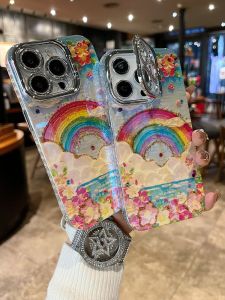 Rainbow Flower Sea Elegant Dream Apple Series iPhone Protective Case Silver Grey Sparkle Lens Stand New Fashion Mobile Phone Cover