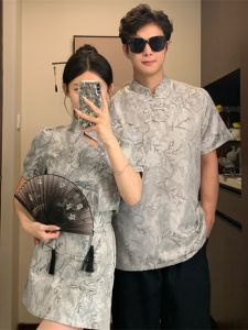 XILANDUO | New Chinese Style Couple Wear Summer National Style Improved Cheongsam Ink Wash Painting Half Skirt Set