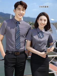 Summer Gray Short Sleeve Mens and Womens Same Style Business Shirt Womens Short Sleeve Elegant Slim-Fitting Work Clothes Work Clothes Shirt Embroider