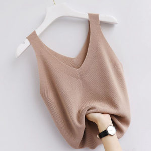 Áo Len Dệt Kim Không Tay Cổ Chữ V Ice Silk Dáng Rộng Cho Nữ Mùa Hè Áo Lót Cơ Bản Áo Khoác Ngoài Áo Ba Lỗ Áo Chui Đầu