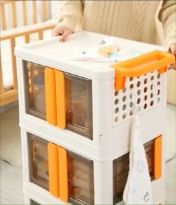 รถเข็นเก็บของ 2 ขนาด มองเห็นด้านใน พับเก็บได้พร้อมล้อเลื่อน+ที่จับ มีบานเปิด-ปิด แถมกล่องใส่ของและตะขอเกี่ยว