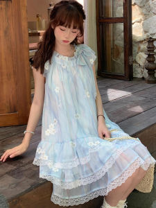 ชุดเดรสแขนพองสีฟ้าลายดอกไม้สไตล์ฝรั่งเศส ทรงหลวม ทรงเอ กระโปรงทรงเอ คอตั้ง แขนกุด กระโปรงทรงเอ ฤดูร้อน 2025