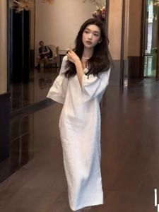White Long Hollow out Loose Maternity Summer Dress French Style A-Line Gown for plus Size Women High Waist Short Sleeve V-Neck