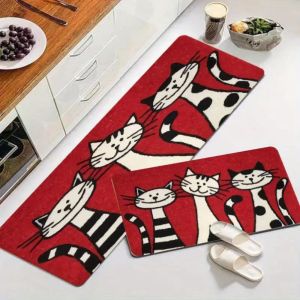 VIKAMA 1/2PCS Cute Cat Printed Washable Kitchen Floor Mat Porch And Balcony Long Strip Carpet Entrance Door Mat Home Decoration