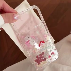 Korean Glitter Pink Flowers Cartoon Animals Pattern Phone Case for iPhone 17 16 15 14 13 12 Pro Max Clear Shockproof Soft Cover