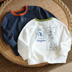 Class a Childrens Pure Cotton Bear Neck Long Sleeve T-shirt Spring Autumn Style Base Layer Shirt for Boys And Girls