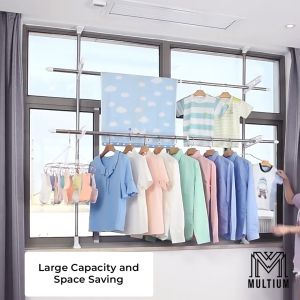 Floor to Ceiling Laundry Rack – 2 Poles Adjustable Free Standing Laundry Tension Rod Multi-functional Drying Stand for Drying or Hanging Scarfs Towels Clothes Blouses Bags and Coats Suitable in Bedroom Balcony Living Room and Bathroom