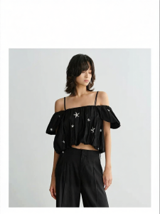 Design Stitched Beaded Spaghetti Strap Off-shoulder Top
