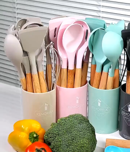 Nipiin Beech Wood Silicone Kitchen Utensil 6‑Piece Set Heat‑Resistant Non‑Scratch Cooking Tools for Non‑Stick Pots and Daily Home Cooking