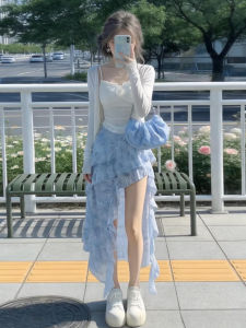 LIRUSHAN | Summer Set Strap Dress Irregular Blue Long Skirt