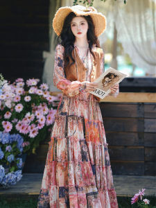 Retro Vintage Dopaamine Travel Clothing Loose Summer Print Dress Womens Maxi Skirt Long Sleeve V Neck Other Material Dress