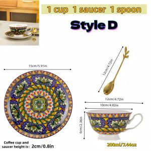 Vintage Floral Ceramic Coffee Cup Set 220ml Bohemian Tea Cup Saucer with Golden Leaf Spoon for Afternoon Tea Home Decor Gift