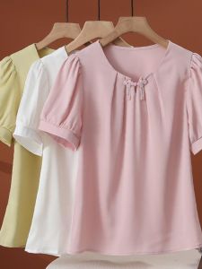 Summer Womens Loose Fit Short Sleeve Chiffon Shirt Cover up Slimming Top Chinese Style Small Shirt Polyester Fiber Blouse