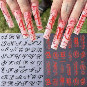 2/5pcs Gothic Roman Letter Nail Stickers Y2K Black Red Alphabet Design Self-Adhesive Decal English Words DIY Manicure Decoration