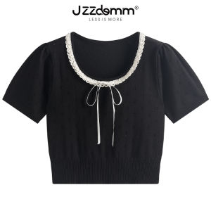 JZZDEMM Lace Trimmed Butterfly Knot Short Sleeve Knit Dress for Women Slim Fit Retro Style Pullover Low Round Neck