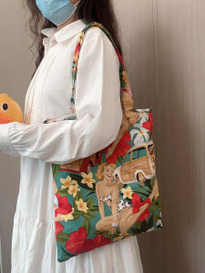 กระเป๋าสะพายไหล่ผ้าใบขนาดใหญ่แบบย้อนยุคสไตล์ฝรั่งเศส ดีไซน์การ์ตูนโมเดิร์น กระเป๋าเดินทางแบบซิป กระเป๋าผ้าฝ้าย กระเป๋าสะพายไหล่แบบลำลองสำหรับผู้หญิง