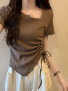 Korean Style Chic Half Sleeve T-Shirt Women Summer Slim Fit Asymmetrical Short Length Diagonal Collar Drawstring Top