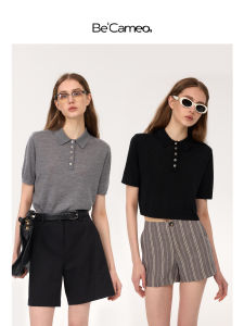 BeCameo Minimalist Luxury Merino Wool Short Sleeve Polo Neck T-Shirt Womens Compact Fit Pure Color Spring Lightweight Shirt