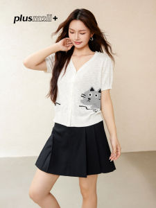 plusmall | Áo Cardigan Len Mỏng V-Neck Đan Họa Tiết Mèo
