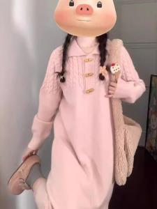 Korean Style Idle Style Pink Cable Stitch Dress Sweater Womens Autumn and Winter Loose Slim Looking Versatile Inner Match Knitting Long Dress