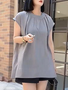 QINGNAER | Lazy Retro Plus Size Gray Pleated Round Neck Sleeveless Vest Top