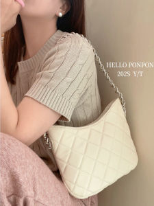 Korean Style Soft Leather Chain Shoulder Bag Elegant Small Womens Commuter Armpit Bag New Summer Diamond Pattern White