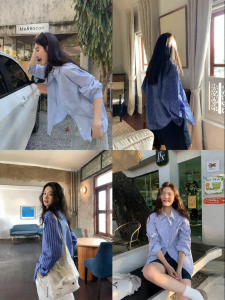 NIHAOKANONG | Áo Sơ Mi Dài Tay Phong Cách Casual Có Sọc/Carô Xanh