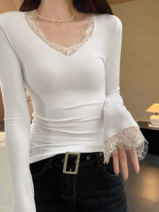 Áo Thun Cổ Chữ V Dài Tay Ren Ôm Vừa Vặn Mùa Thu 2024 Áo Thun Nữ Chất Liệu Polyester Phong Cách Hàn Quốc Màu Trơn