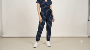 Women Striped Cotton Spandex Jumpsuits V-Neck Wrap Style Comfy Casual Wear