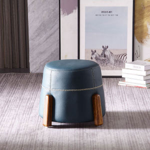 New Chinese Style Small round Stool Wooden Frame Luxury Minimalist Living Room Bedroom Balcony Leather Top Home Use Low Stool