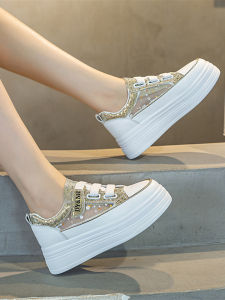 Womens Sporty Flat Laced Breathable Mesh Sneakers Thick Heel 6cm Heightening Spring Summer New Style Fashionable Casual Shoes