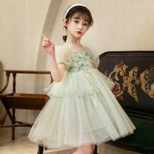 Princess Style Summer New Green Puffy Tulle Dress Children Girls Fairy Skirt Short Sleeve Polyester Fiber Clothing for Kids