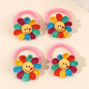 4Pcs Knitted Sunflower Hair Ties Cute Smiley Elastic Scrunchies Stretchy Ponytail Holders For Girls Kids Headdress Accessories