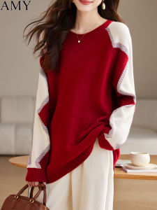 Loose Color Block Christmas Year of the Monkey Red Lazy Knitted Sweater Womens Top Spring Season round Neck Long Sleeve