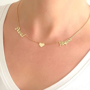【Name Custom Necklace】Necklace with Personalized Double Name and Heart for Lovers Stainless Steel Two Names Nameplate